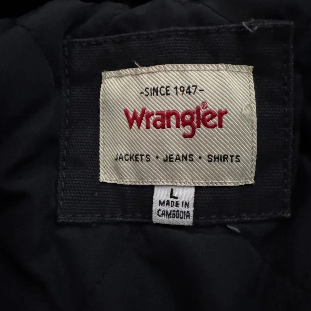 Wrangler Mens L Black Canvas Work Jacket Quilted Corduroy Lined Collar Cowboy